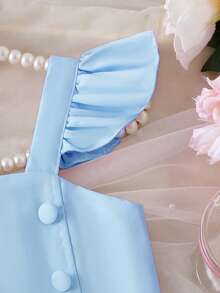 Elladie kids Bộ đồ bé gái (cỡ nhỏ) gồm áo croptop không tay viền hoa màu hồng và chân váy xếp ly thắt nơ, trang phục mùa hè ngọt ngào và dễ thương dành cho các bé gái thanh lịch. - Màu xanh lam - Xem 4