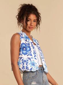Travachic Embroidered Shell Trim Floral Print Vacation Camisole - Blue and White - View 7