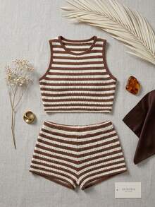 SHEIN PETITE Bộ đồ nữ gồm áo croptop và quần short kẻ sọc, kiểu dáng thường ngày, thích hợp cho mùa hè. - Nhiều màu - Xem 4