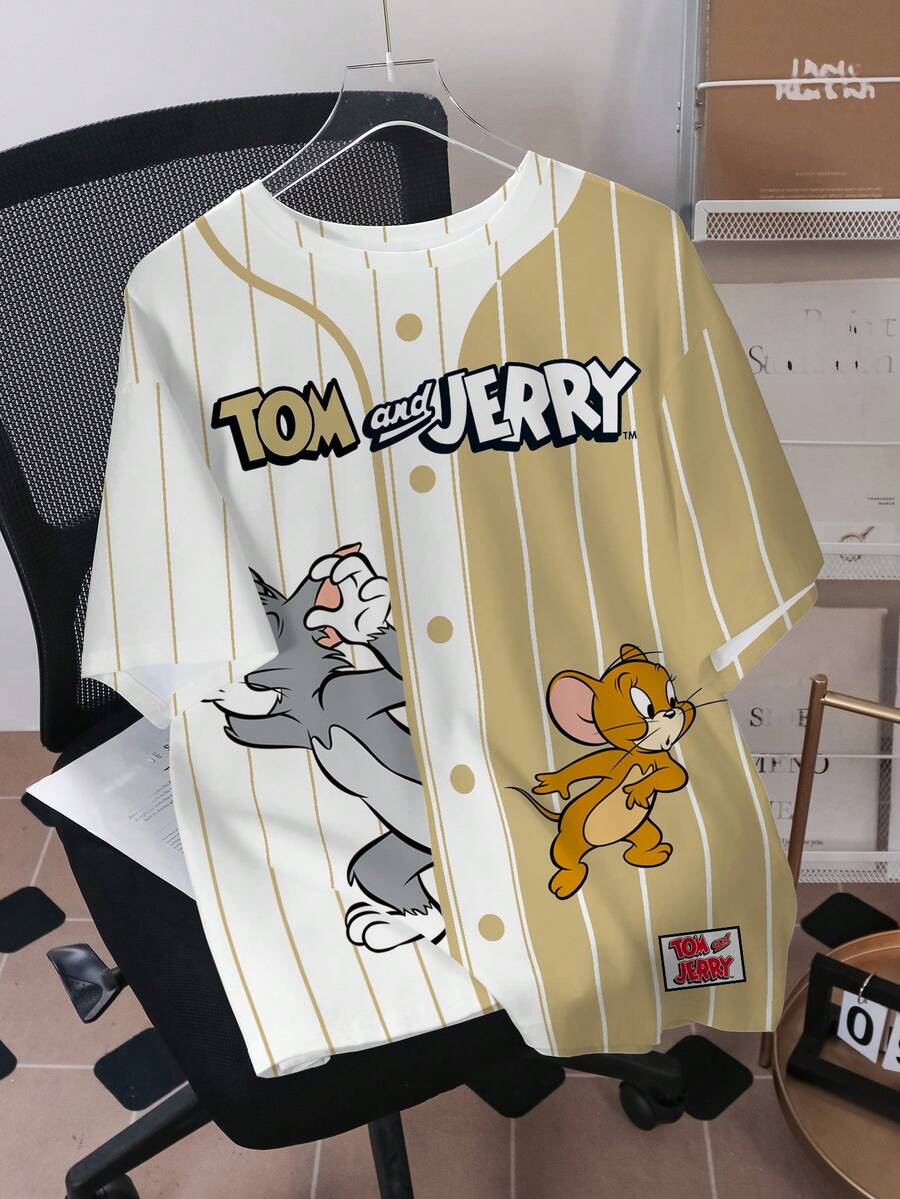 TOM & JERRY X SHEIN Men's Cartoon Print Loose Casual Short Sleeve T-Shirt - White - View 1