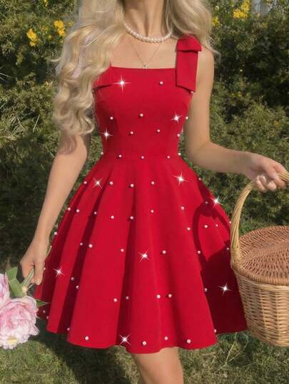 1pc Elegant Sweet Sleeveless Waist Cinched A-Line Dress With Pearl Decor, Square Neck, Bow Shoulder For Teenage Girls, Suitable For Festivals, Parties, Daily Wear