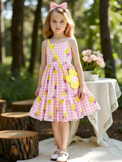 Young Girl' Lemon Print Spaghetti Strap Ruffle Hem Dress With Floral Cute Bag, Suitable For Casual Daily And Holiday Wear