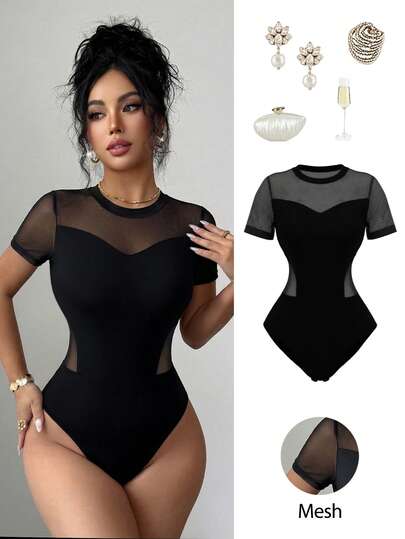 Elenzga 女士优雅黑色网纱拼接圆领短袖修身连体衣，春夏款
