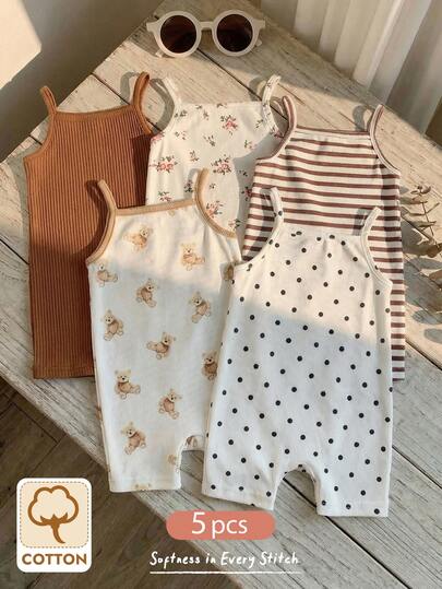 Cozy Pixies Bộ 5 món áo liền quần dệt kim hình hoạt hình dễ thương cho bé gái, màu trơn, chấm bi, hoa, in hình gấu, có dây đeo.