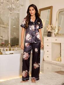 LuxeNights Floral Print Silk Trim Cardigan Pajama Set For Women - Black - View 5
