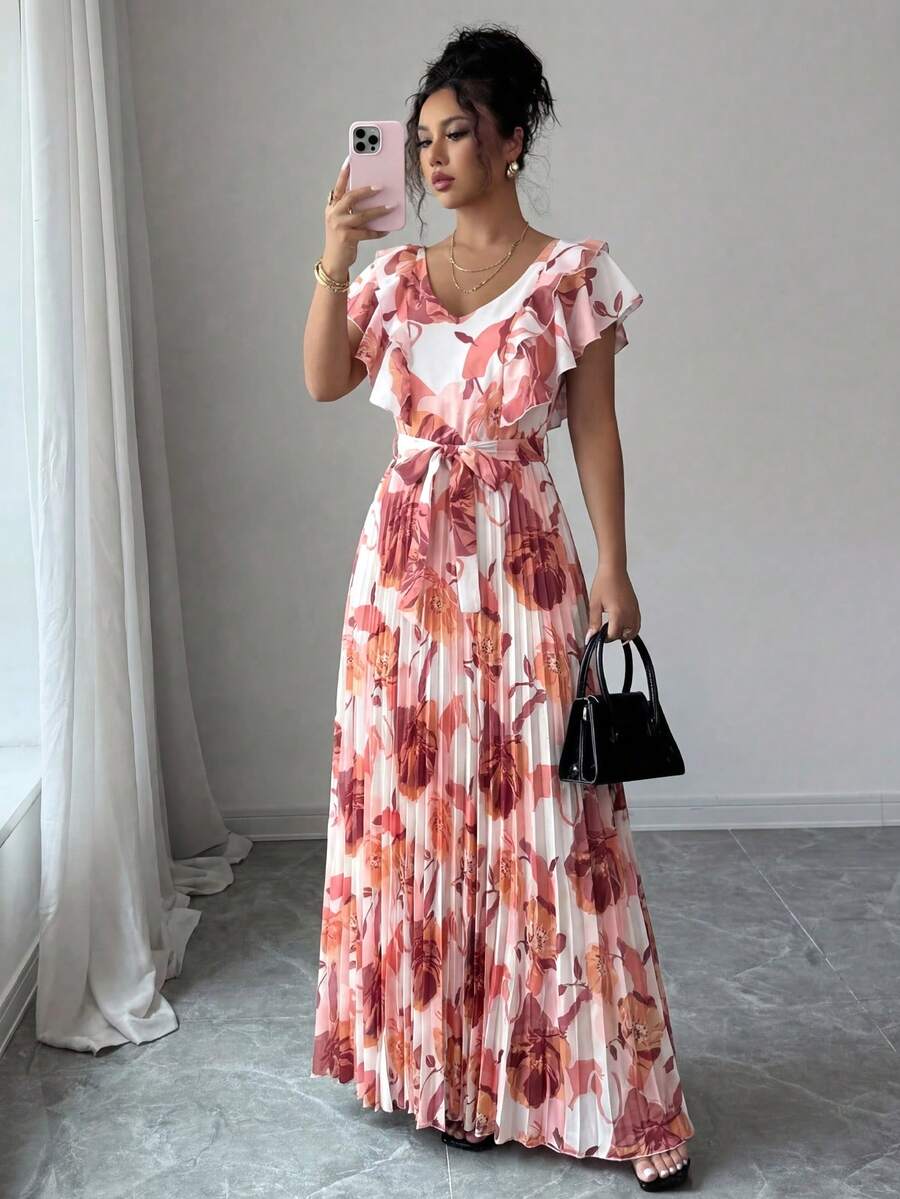 Elenzga Halloween V-Neck Digital Print Vacation Style Ruffle Waist A-Line Elegant Romantic Women Dress - Multicolor - View 1