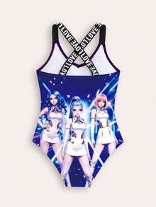 Tween Girl Letter & Portrait Print One-Piece Swimsuit - Multicolor - View 2