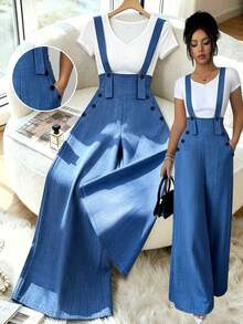 Elenzga 女士休闲通勤阔腿连体裤 - 霧霾藍 - 查看 1