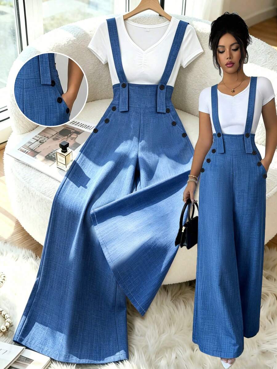 Elenzga 女士休闲通勤阔腿连体裤 - 霧霾藍 - 查看 1