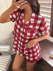 Conjunto de pijama con estampado de cuadros en el cuello - Burdeos - Ver 6