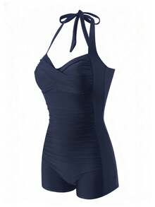 Swim Vcay Women's Solid Color Backless Halter One-Piece Swimsuit For Beach Vacation Vacation Cruise Travel Beach Sunbathi - Navy Blue - View 7