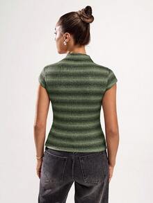 SHEIN BAE 女士夏季休闲复古渐变条纹印花立领短袖单排扣修身T恤 - 薄荷綠 - 查看 2