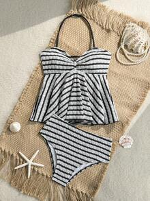 SHEIN Bộ tankini cho bé gái tuổi teen, đồ bơi dệt kim kẻ sọc buộc cổ bèo nhún. - Đen và trắng - Xem 1