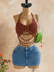 Soleia Áo hai dây cổ chữ V kiểu dáng mới cho kỳ nghỉ xuân/hè, phối dây ngọc trai, áo vest dệt kim hở lưng, phong cách Bohemian, Boho, đi biển, nghỉ mát, cổ điển, lễ hội. - màu nâu - Xem 1