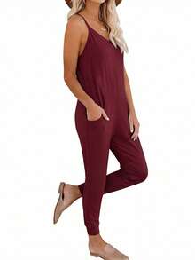EMERY ROSE 纯色吊带无袖休闲舒适透气连体裤 - 酒紅色 - 查看 5