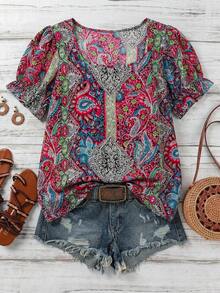 SHEIN LUNE Kemeja Lengan Ruffle Motif Kacang Mete Kasual Wanita Ukuran Besar - MultiWarna - View 1