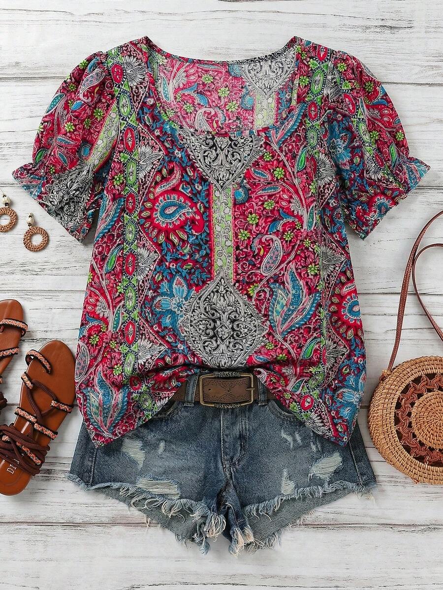 SHEIN LUNE Kemeja Lengan Ruffle Motif Kacang Mete Kasual Wanita Ukuran Besar - MultiWarna - View 1