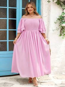 SHEIN CURVE+ Đầm nữ cỡ lớn dáng rộng, cổ tròn, tay ngắn, màu trơn, thanh lịch, thích hợp cho ngày Valentine, mùa xuân/hè, hoặc dịp năm mới, màu hồng. - Hồng - Xem 8