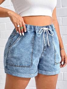 SHEIN ICON Quần short denim dáng rộng, thoải mái, đa năng dành cho nữ cỡ lớn, thích hợp mặc hàng ngày vào mùa hè, có dây rút ở eo, túi xéo và gấu quần xắn lên. - Màu xanh lam - Xem 3