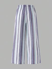 SHEIN Tween Girls' Versatile Loose Fit Striped Wide Leg Pants, Matching Sister & Mom, Suitable For Daily, Casual, Vacation, Beach, Party - Blue - View 2