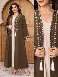 Al Najma Abaya élégante à broderie géométrique pour femmes grandes tailles - Marron - Voir 7