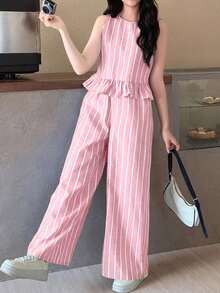 SHEIN Conjunto de blusa sem mangas listrada azul e branca com botões de madeira e calça reta para adolescentes. Ideal para férias de primavera/verão, festas, volta às aulas, piqueniques em família e uso diário. - Rosa - Ver 3