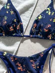 Costavie 两件套彩色亮片特殊面料三角杯文胸和侧系带泳裤性感比基尼套装，春夏款 - 藏蓝色 - 查看 7