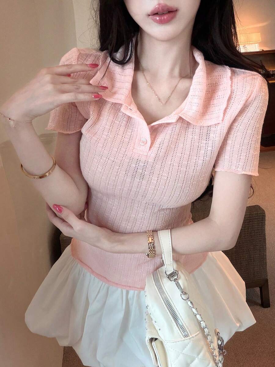 Textured Plaid Pink Collar Short Sleeve T-Shirt For Women, Spring & Summer - Pink - View 1