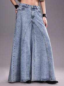 ROMWE Jeans de tiro bajo para mujer con patchwork y pernera extra ancha - Azul - Ver 5