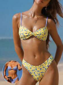 Swim Mod Bộ bikini hai mảnh họa tiết hoa và kẻ caro dành cho nữ, thích hợp mặc đi biển mùa hè, có dây đeo điều chỉnh được. - Nhiều màu - Xem 1