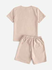 SHEIN Tween Boy Colorblock Print Crew Neck Short Sleeve T-Shirt And Shorts Set - Khaki - View 2