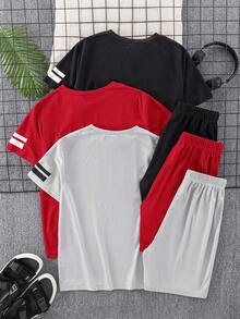 SHEIN 6件套青少年男童休闲短袖T恤短裤套装，运动装，街头朋克摇滚风格，适合春夏穿着，包含红色、黑色、灰色。 - 紅色 - 查看 3