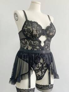 SHEIN Conjunto de lencería de 4 piezas con aros para tallas grandes - Negro - Ver 5