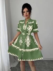 Elenzga Đầm nữ kiểu dáng thường ngày in hoa, cổ chữ V, thắt eo. - màu xanh lá - Xem 3
