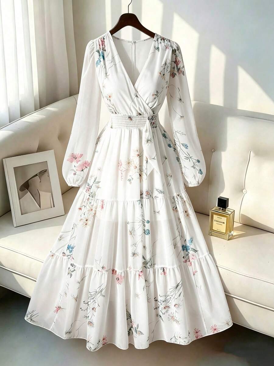 Rometta 大码女士优雅雪纺豹纹V领长袖连衣裙，适合约会和外出穿着 - 白色 - 查看 1