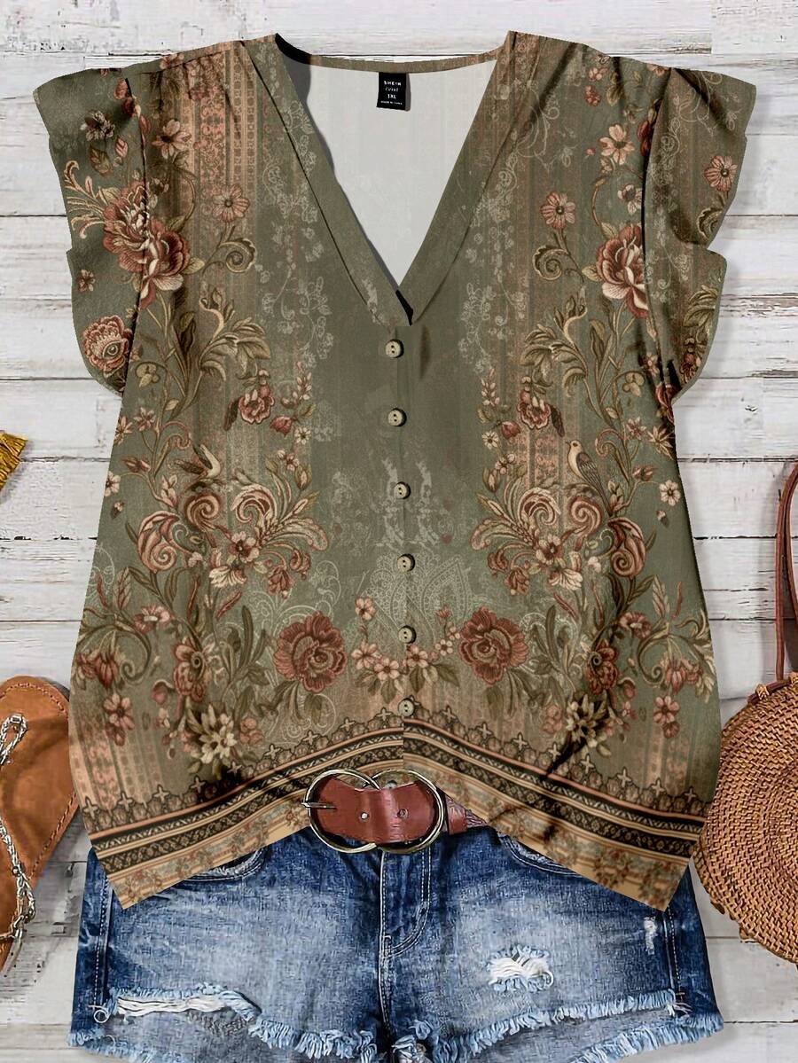 EMERY ROSE Plus Size Women Casual Floral Print Ruffle Sleeve Shirt, Suitable For Summer - Multicolor - View 1