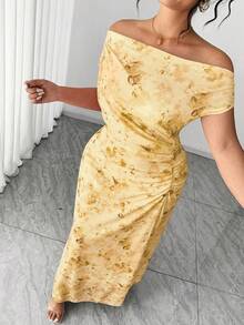 Elenzga 大码优雅约会之夜派对露肩收腰显瘦印花A字长裙 - 黃色 - 查看 7