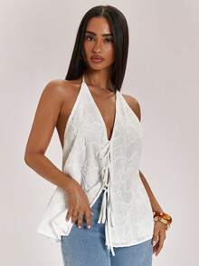 SHEIN BAE Áo hai dây bằng vải lanh trắng, kiểu dáng vintage, thêu họa tiết, thích hợp cho đi biển, kỳ nghỉ và mặc thường ngày. - trắng - Xem 6