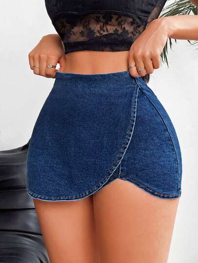 Jeanoix 大码女式高腰不对称下摆休闲牛仔短裙