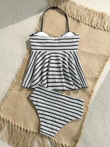 SHEIN Bộ tankini cho bé gái tuổi teen, đồ bơi dệt kim kẻ sọc buộc cổ bèo nhún. - Đen và trắng - Xem 2