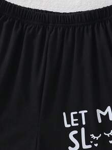 3pcs Girls Casual Comfortable Black Sleepwear Set With Slogan Graphic Short Sleeve Top, Shorts And Pants - Black - View 6