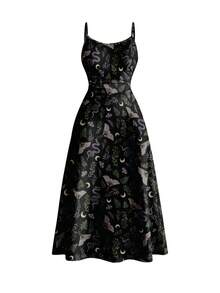 ROMWE Goth Vestido ajustado y sexy con estampado de mariposa, serpiente, polilla y hoja, de estilo gótico oscuro y misterioso, para la playa y vacaciones - Negro - Ver 1