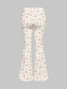 ROMWE Kawaii 可爱甜美爱心蝴蝶结兔子蛋糕系带性感吊带背心和喇叭低腰裤女式两件套 - 米色 - 查看 6