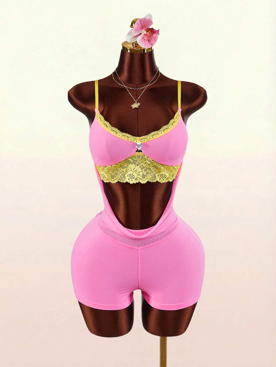 Amplova 女士蕾丝边休闲日常连体衣 - 粉色 - 查看 1