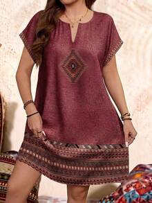 EMERY ROSE Vestido holgado de manga corta con bloque de color minimalista casual, adecuado para el verano, talla grande - Burdeos - Ver 1