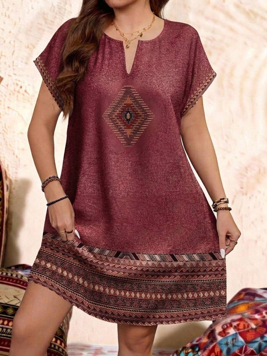 EMERY ROSE Vestido holgado de manga corta con bloque de color minimalista casual, adecuado para el verano, talla grande - Burdeos - Ver 1