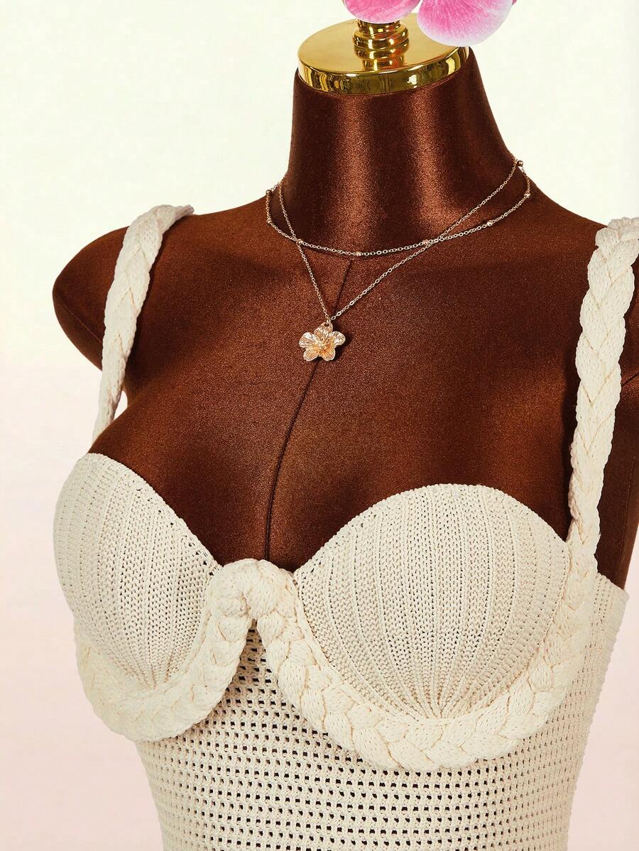 Amplova Women's Knitted Mini Dress, Sexy & Avant-Garde, Suitable For Vacation, Cute Rope Detail Sweater Dress - Apricot - View 1