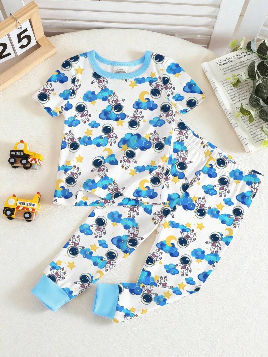 1 Set Baby Boys' Astronaut & Cloud Print Knit Snug Fit Short Sleeve Pajamas, Spring/Summer - White - View 1