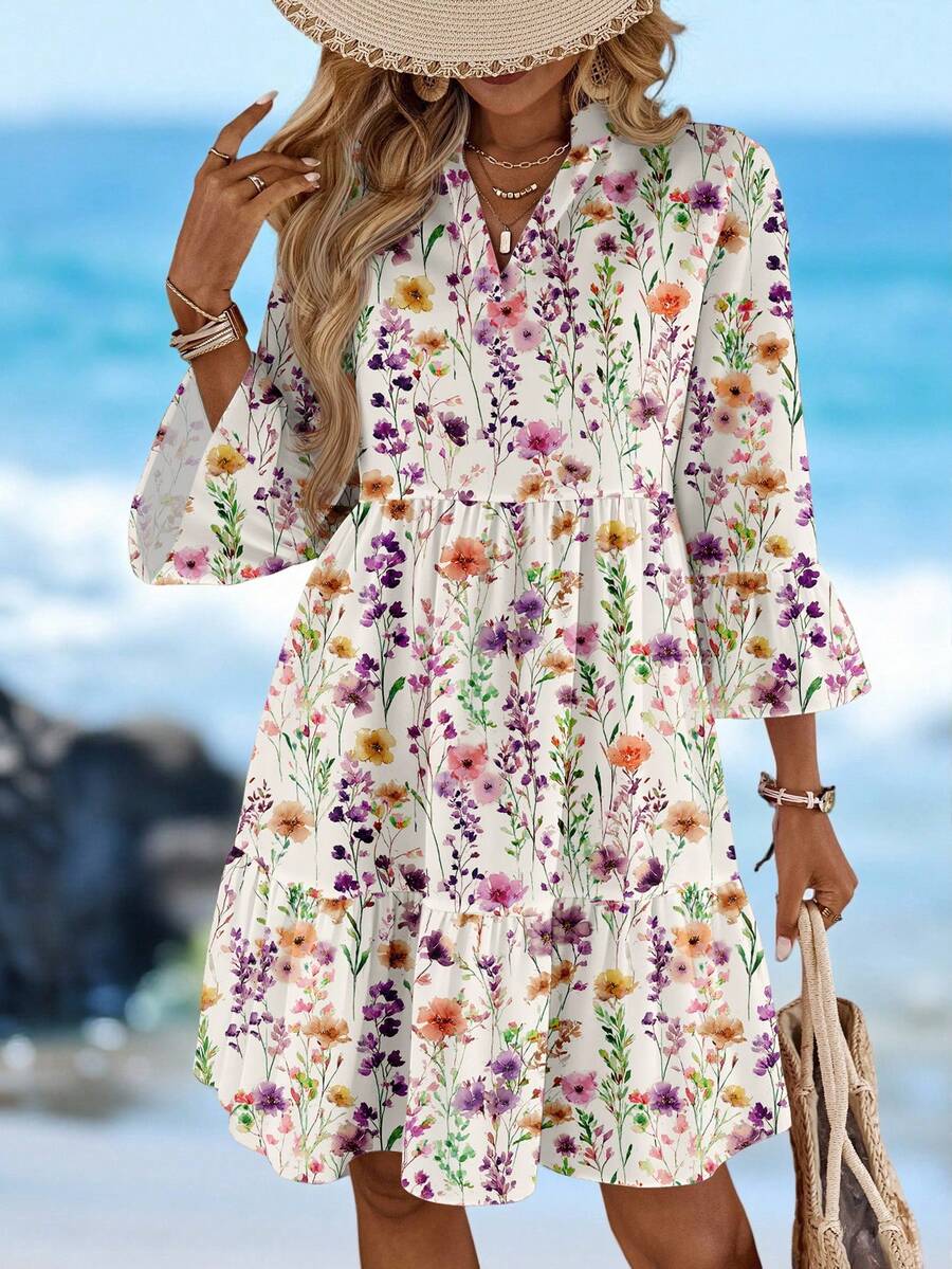 Sylviya Casual Minimalist Watercolor Floral Print Short Dress, Suitable For Summer, Vacation, Retro Style - Multicolor - View 1