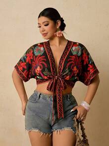 Travachic Plus Size Women Palm Tree Front Knot Cropped Shirt - Multicolor - View 3
